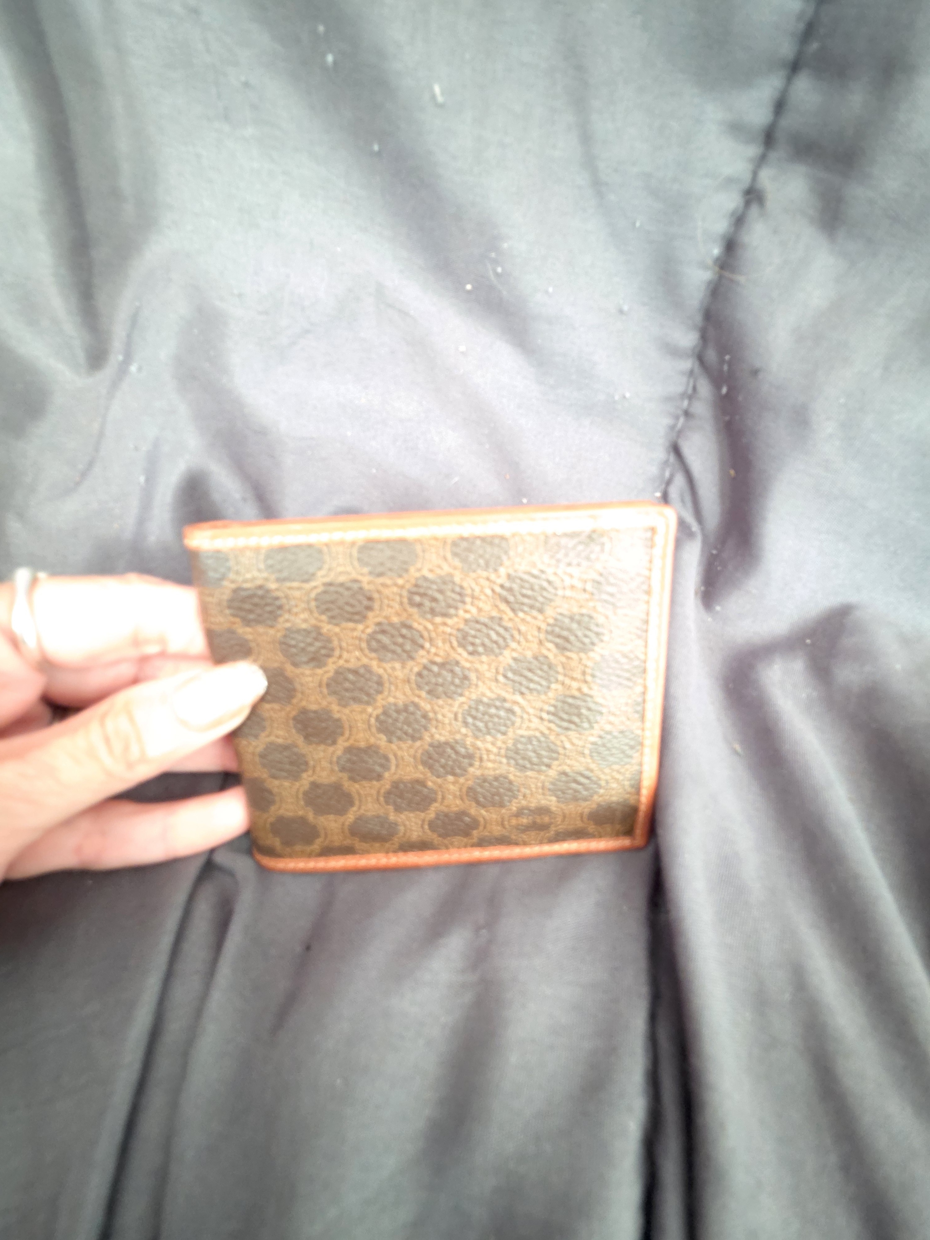 Authentic Celine Brown Logo Canvas Bifold Wallet With Tan Trim